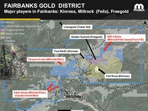 Claims owned and controlled by Millrock that have been assigned to Felix Gold in exchange for equity and royalty interests are shown in blue. Note the location of Kinross’ Fort Knox mine and Freegold’s Golden Summit project.