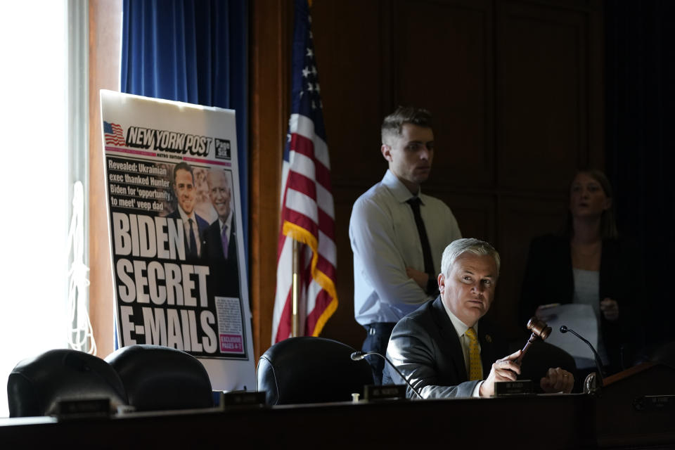 Light streams in from a window as House Oversight and Accountability Committee Chairman James Comer, R-Ky., calls a recess until full power can be restored at a House Committee on Oversight and Accountability hearing on Capitol Hill, Wednesday, Feb. 8, 2023, in Washington. (AP Photo/Carolyn Kaster)