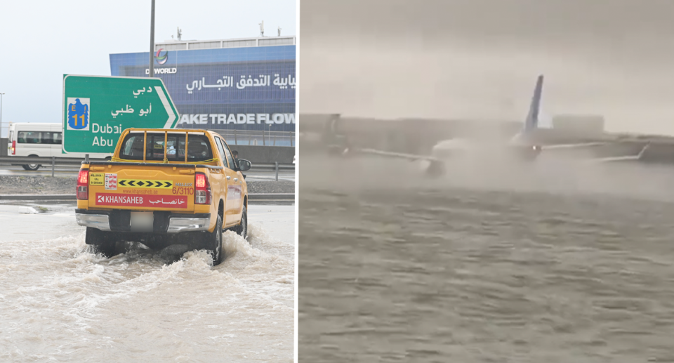 Left: Flooding on a Dubai road. Right: A FlyDubai jet ploughs through a river of water on the runway.