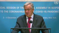 In this image made from UNTV video, United Nations Secretary General Antonio Guterres speaks during the U.N. General Assembly's special session to discuss the response to COVID-19 and the best path to recovery from the pandemic, Thursday, Dec. 3,2020, at U.N. headquarters, in New York. (UNTV via AP)