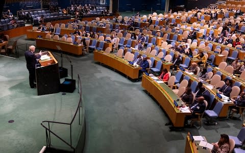 Prime Minister Boris Johnson discusses technology in a late night speech at the UN - Credit: AP