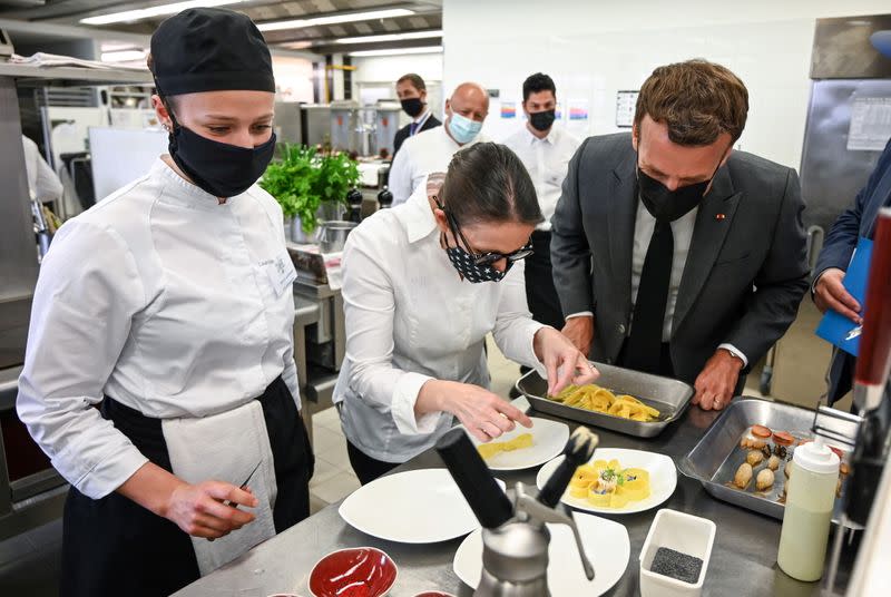 France's President Macron visits Tain-l'Hermitage Hospitality School, in Tain-l'Hermitage