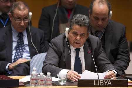 Libyan Foreign Minister Mohamed Dayri speaks during a United Nations Security Council meeting about the situation in Libya in the Manhattan borough of New York February 18, 2015. REUTERS/Carlo Allegri
