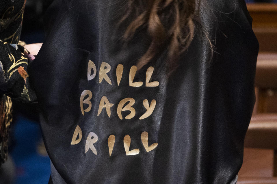 Rep. Lauren Boebert, R-Colo., wears an outfit reading &#x00201c;Drill Baby Drill&#x00201d; at the State of the Union address - Credit: Saul Loeb/Pool via AP