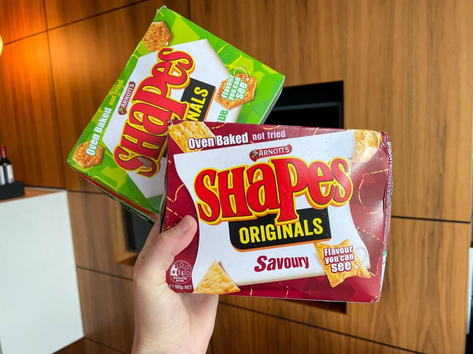 Two boxes of Shapes crackers.