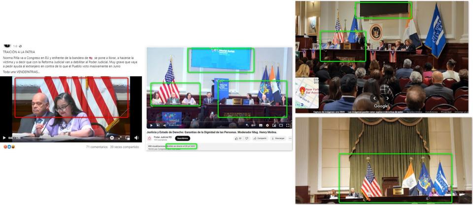 <span>Comparativo entre capturas de pantalla de una publicación en Facebook (I), una transmisión en YouTube (II) y dos imágenes de Google Maps, hecho el 23 de julio de 2024</span>