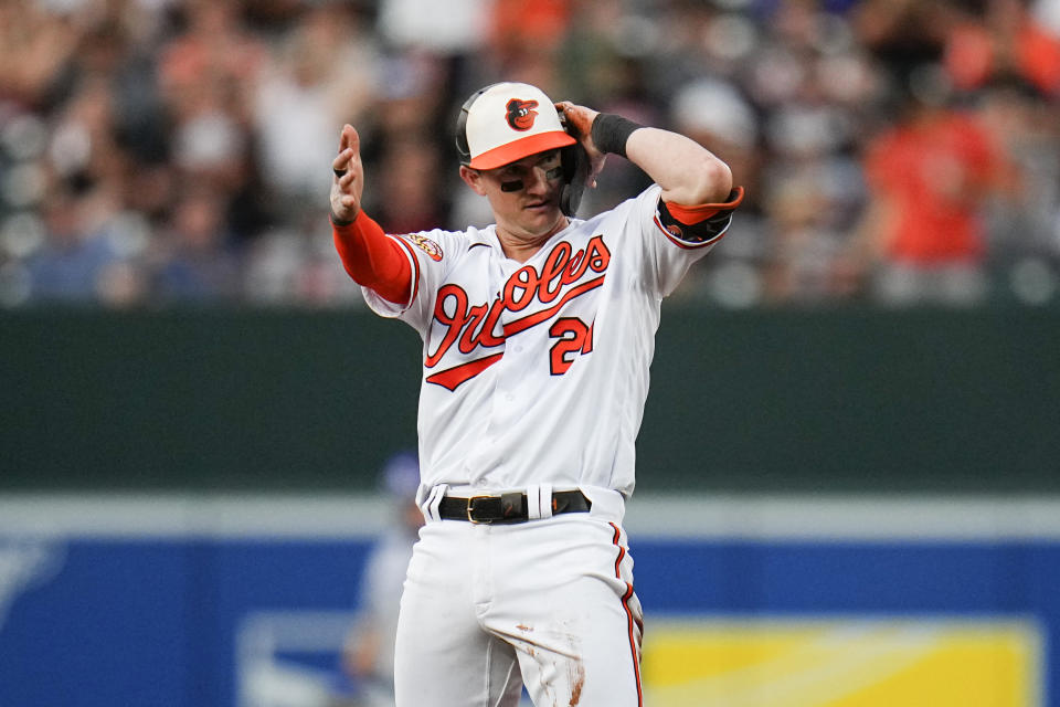 Baltimore Orioles' Austin Hays reacts after hitting a double against the Toronto Blue Jays during the second inning of a baseball game, Tuesday, June 13, 2023, in Baltimore. (AP Photo/Julio Cortez)
