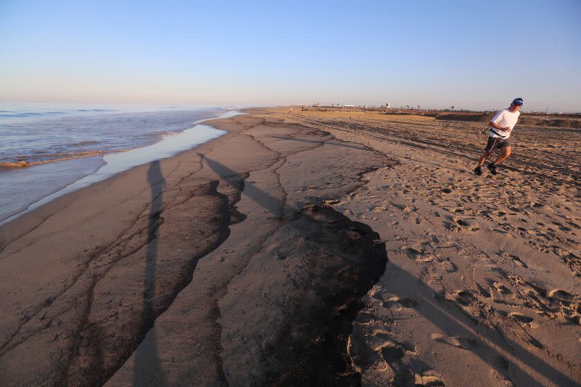 A jogger on the beach bordering Newport and Huntington Beach Sunday morning A major oil spill off the Orange County coast that left crude spoiling beaches, killing fish and birds and threatening local wetlands.