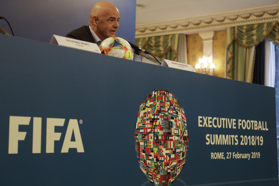 FIFA President Gianni Infantino meets the journalists during a press conference at the end of an executive committee meeting in Rome, Wednesday, Feb. 27, 2019. (AP Photo/Gregorio Borgia)