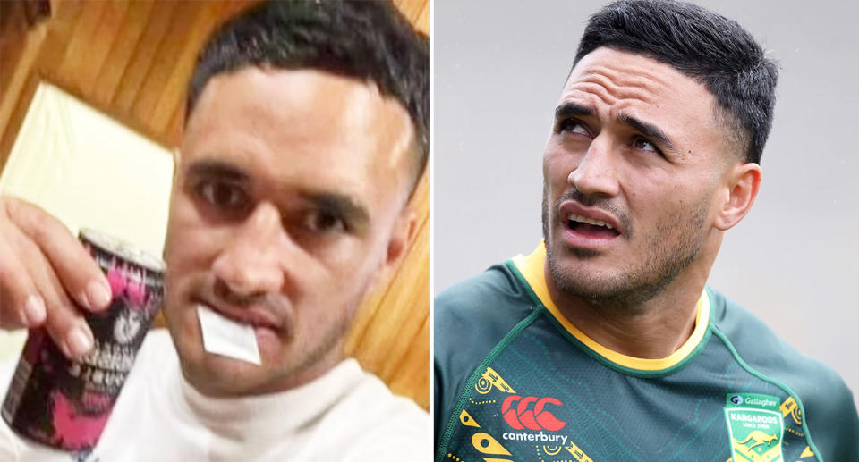 Pictured left is Valentine Holmes with a bag of white powder between his teeth.