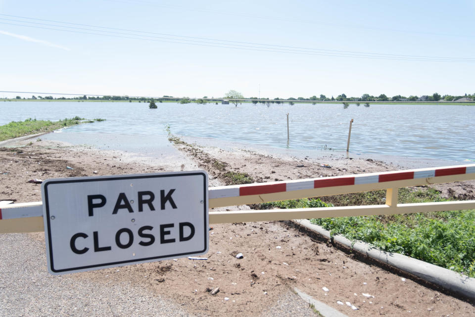 McDonald Lake was completely flooded as of Saturday afternoon off Coulter Street, with the parking lot and surrounding area completely immersed in water from recent rains in Amarillo.