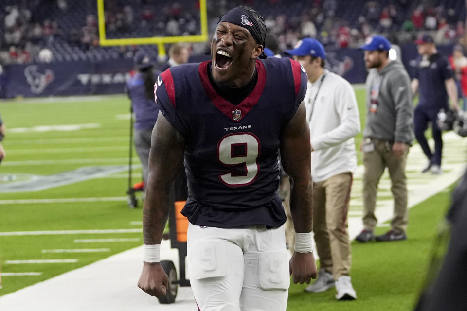 Houston Texans tight end Brevin Jordan celebrates after their win against the Cleveland Browns in an NFL wild-card playoff football game Saturday, Jan. 13, 2024, in Houston. (AP Photo/David J. Phillip)