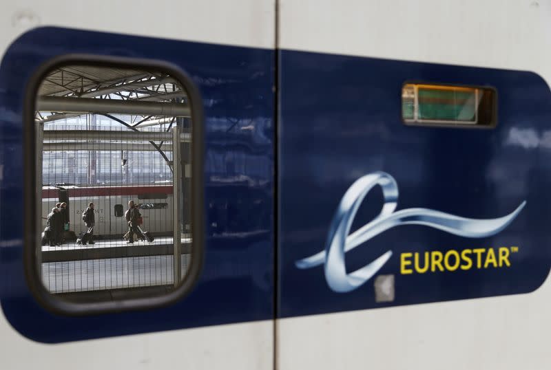 The Eurostar logo is pictured on a train at Midi/Zuid railway station in Brussels
