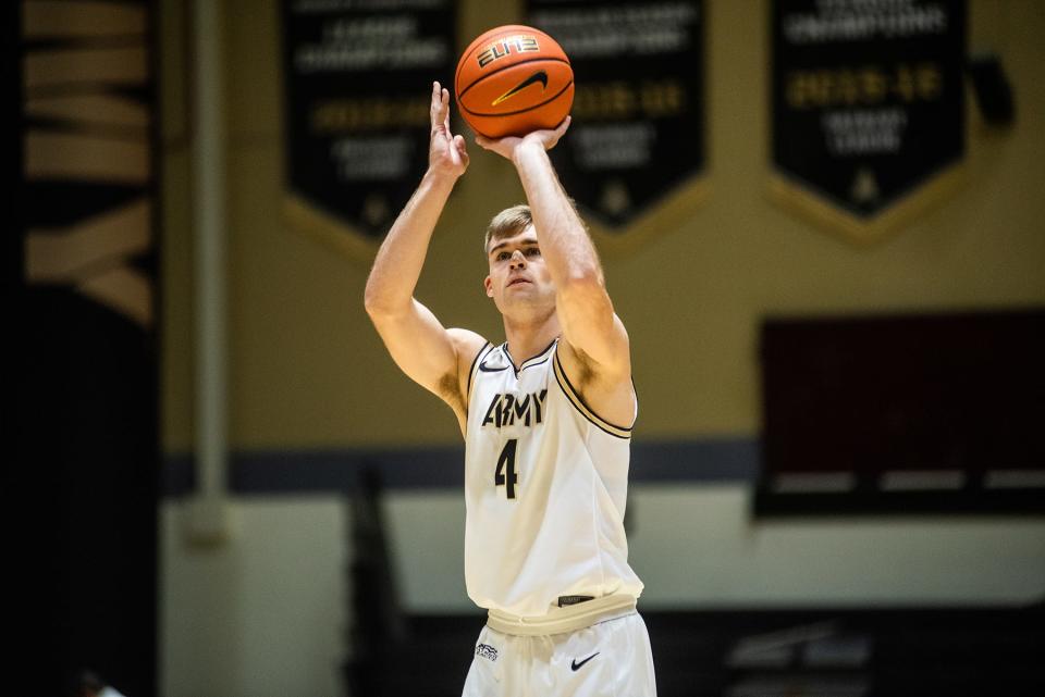 Army's Chriss Mann takes a penalty shot during the mens basketball game at the United States Military Academy at West Point in West Point, NY on Saturday, November 27, 2021. Army defeated Marist 65-61. KELLY MARSH/FOR THE TIMES HERALD-RECORD