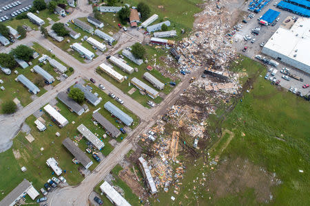 A path of destruction through the Skyview Mobile Park Estates is seen in an aerial photo after a tornado touched down overnight in El Reno, Oklahoma, U.S. May 26, 2019. REUTERS/Richard Rowe