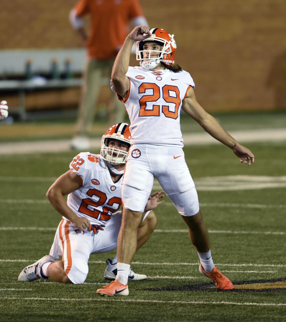 Clemson's B.T. Potter watches his 52-yard field goal at the end of the first half against Wake Forest in an NCAA college football game Saturday, Sept. 12, 2020, in Winston-Salem, N.C. (Walt Unks/The Winston-Salem Journal via AP)