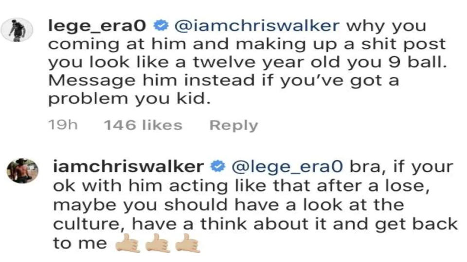 Seen here is an example of the dialogue between Payne Haas and Chris Walker on Instagram.