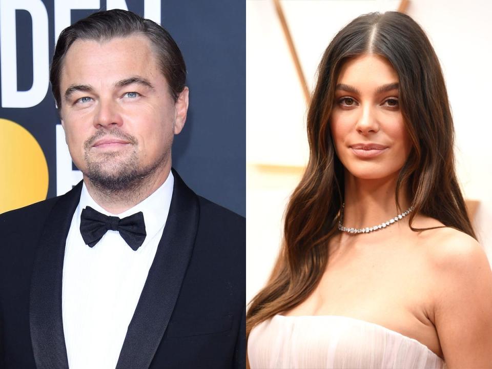 A side-by-side image of Leonardo DiCaprio in a tuxedo, left; Right, Camila Morrone in a strapless pink gown.