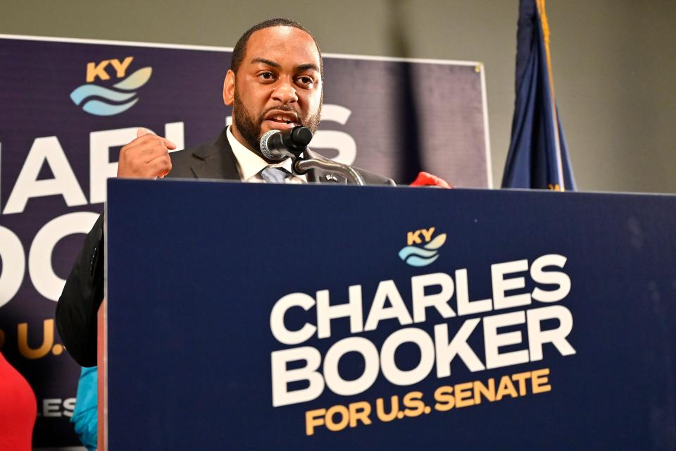 Democrat Charles Booker speaks to a group of supporters after his victory in the Kentucky primary in Louisville on May 17.