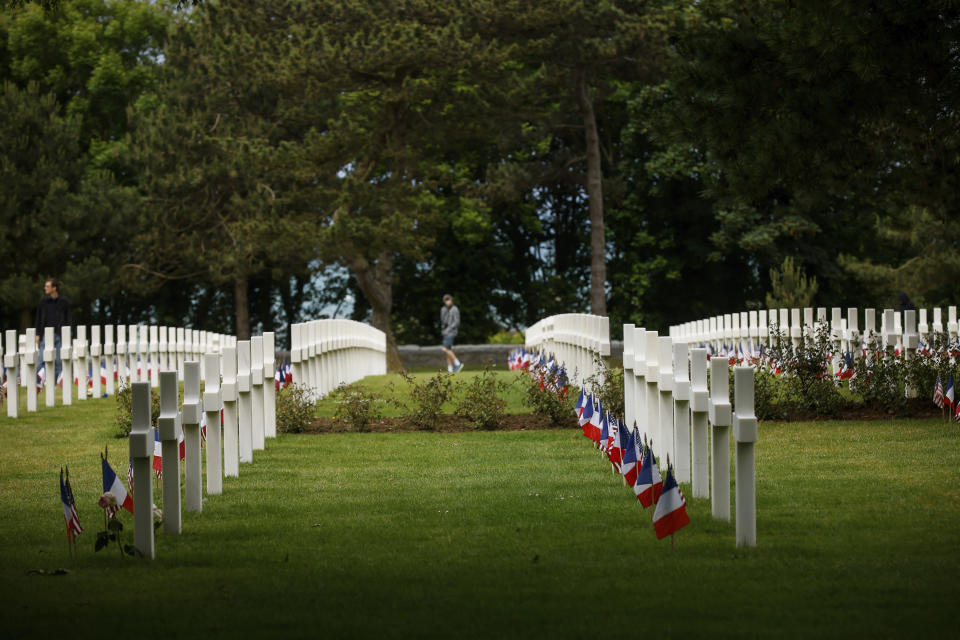 Headstones are pictured in the American Cemetery in Colleville-sur-Mer, Normandy, Monday June 5, 2023. Dozens of World War II veterans have traveled to Normandy this week to mark the 79th anniversary of D-Day, the decisive but deadly assault that led to the liberation of France and Western Europe from Nazi control. (AP Photo/Thomas Padilla)