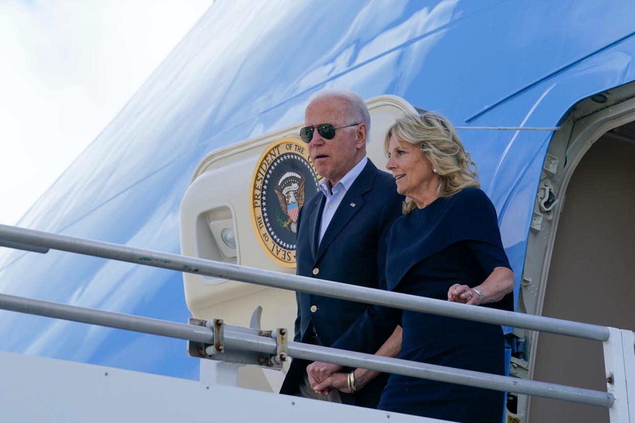 President Joe Biden and first lady Jill Biden arrive at Miami International Airport on July 1.