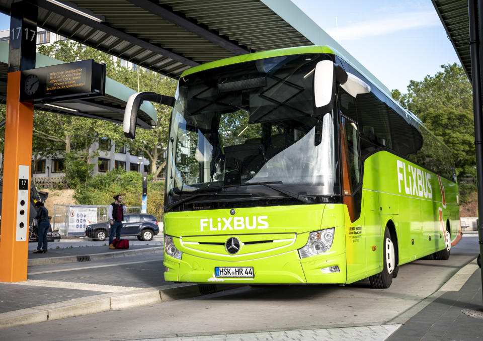 28 May 2020, Berlin: A Flixbus is located in the central bus station in Berlin. After a good two months of corona standstill, buses of the provider Flixbus will again be operating on inner-German routes from Thursday onwards. Photo: Fabian Sommer/dpa (Photo by Fabian Sommer/picture alliance via Getty Images)