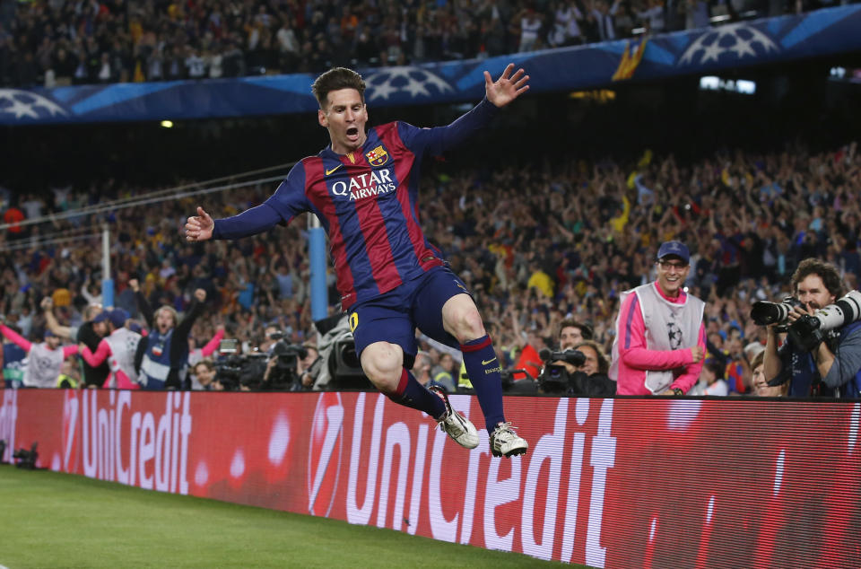 Football: Barcelona's Lionel Messi celebrates scoring their second goal