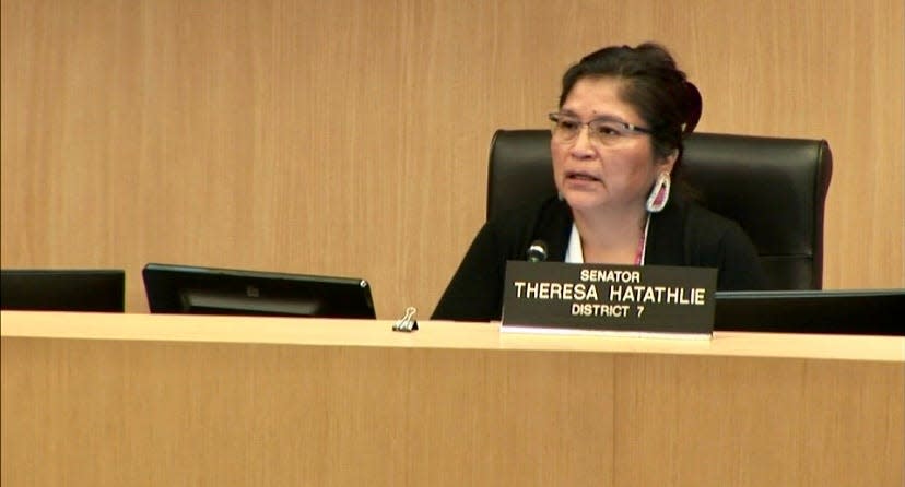Arizona State Sen. Theresa Hatathlie participates in a legislative committee hearing last month. She has been meeting with Navajo Nation leaders to discuss scams involving sober living facilities preying on members of the Navajo Nation and other Arizona tribal members.