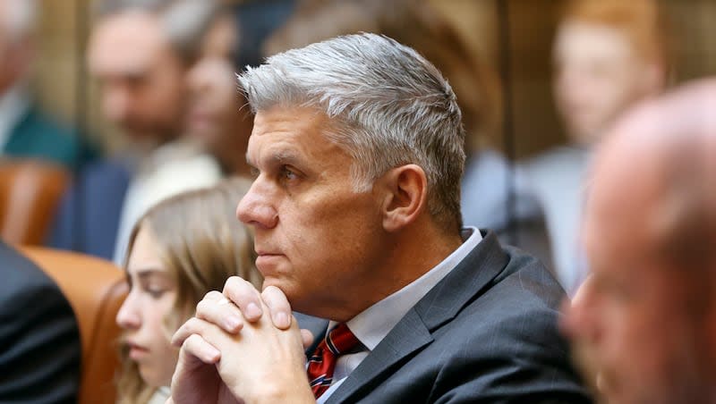 Rep. Phil Lyman, R-Blanding, listens on the first day of the general legislative session in the House chamber at the Capitol in Salt Lake City on Tuesday, Jan. 16, 2024.