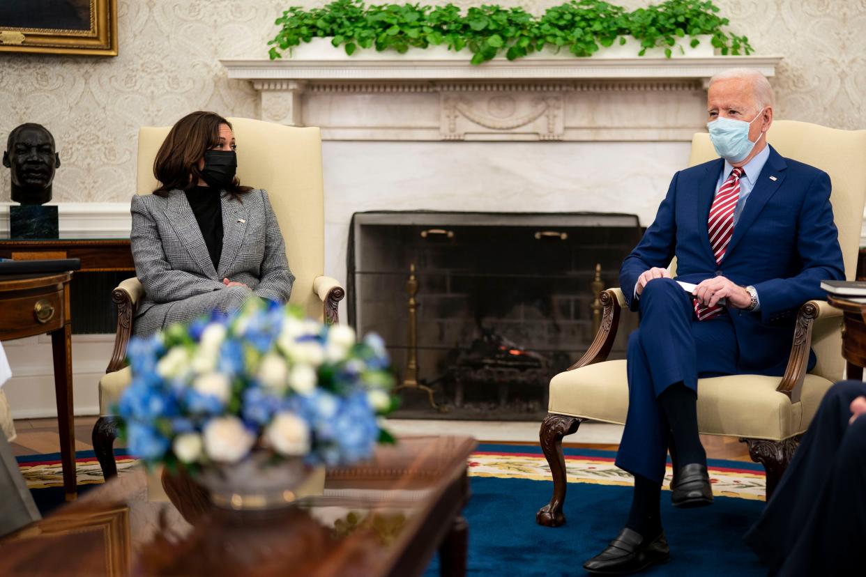 U.S. President Joe Biden and Vice President Kamala Harris meet with senators from both parties on the critical need to invest in modern and sustainable American infrastructure in the Oval Office of the White House on Feb. 11, 2021, in Washington, DC.