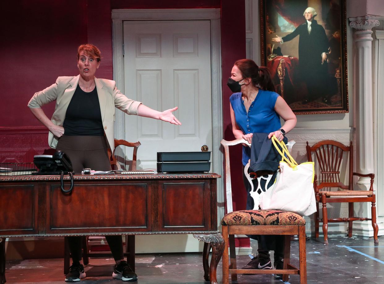Julie Cardia, left, and Michelle Liu Coughlin perform during a dress rehearsal of "POTUS: Or Behind Every Great Dumbass Are Seven Women Trying To Keep Him Alive," at the Coachella Valley Repertory in Cathedral City, Calif., Feb. 23, 2024.