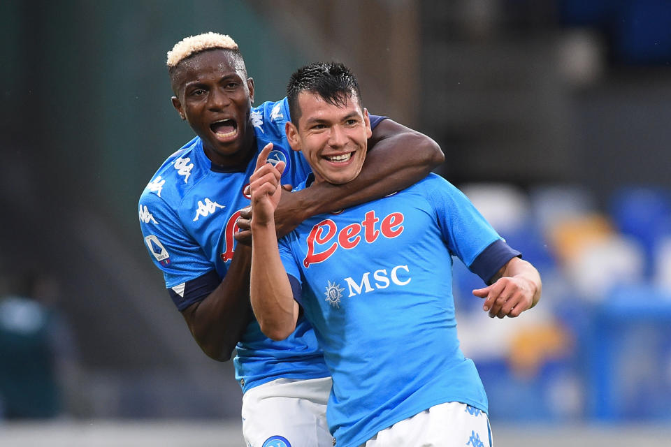 Hirving Lozano of SSC Napoli celebrates after scoring with Victor Osimhen of SSC Napoli during the Serie A match between SSC Napoli and Genoa CFC at Stadio San Paolo Naples Italy on 27 September 2020. (Photo by Franco Romano/NurPhoto via Getty Images)