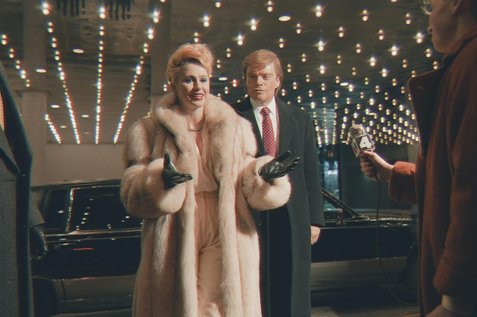 Maria Bakalova (as Ivana Trump) and Sebastian Stan (as Donald Trump) in THE APPRENTICE, directed by Ali Abbasi. Pief Weyman APPRENTICE PRODUCTIONS ONTARIO INC._PROFILE PRODUCTIONS 2 APS_TAILORED FILMS LTD