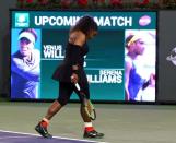 Mar 12, 2018; Indian Wells, CA, USA; Serena Williams (USA) warms up for her third round match against Venus Williams (not pictured) in the BNP Paribas Open at the Indian Wells Tennis Garden. Venus Williams won the match. Mandatory Credit: Jayne Kamin-Oncea-USA TODAY Sports