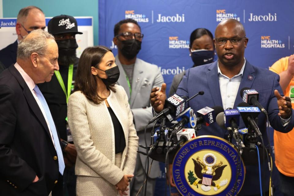 Rep. Jamaal Bowman (D-NY) answers a question during a press conference at Jacobi Hospital in the Morris Park neighborhood on June 03, 2021 in the Bronx borough of New York City. (Photo by Michael M. Santiago/Getty Images)