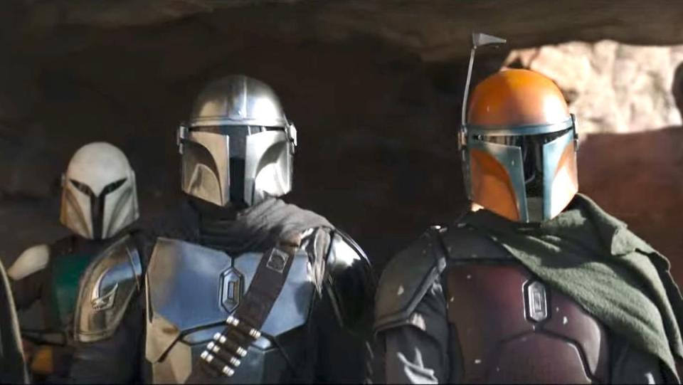 Din Djarin is flanked by two other Mandalorians in the first trailer for season three.