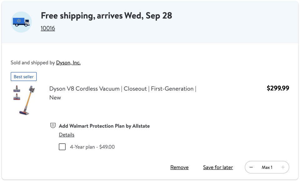 screenshot of Walmart dyson vacuum discount