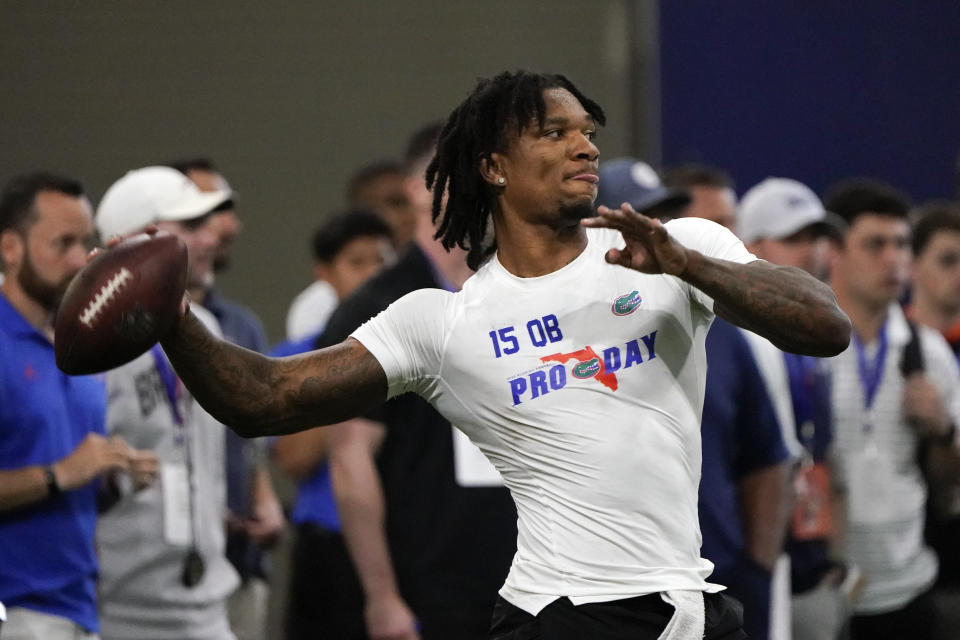 Florida quarterback Anthony Richardson throws a pass during an NFL football Pro Day, Thursday, March 30, 2023, in Gainesville, Fla. (AP Photo/John Raoux)