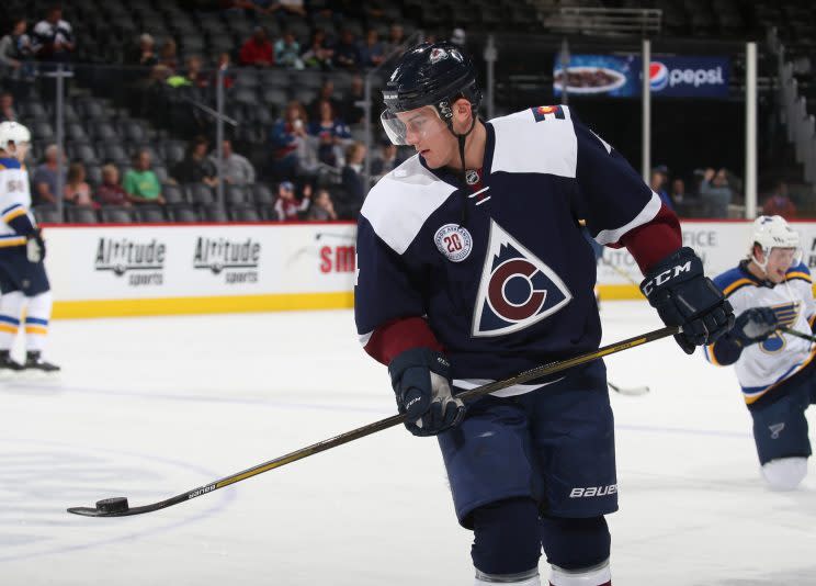 Tyson Barrie #4 of the Colorado Avalanche juggles the puck during warm ups prior to the game against the St. Louis Blues at the Pepsi Center on April 03, 2016 in Denver, Colorado. (Photo by Michael Martin/NHLI via Getty Images)