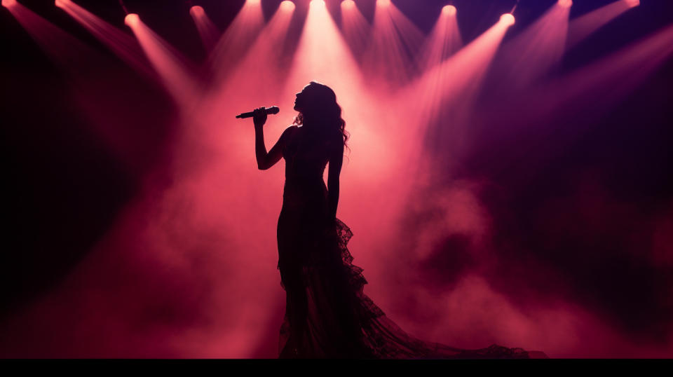 A singing performer silhouetted on a spotlighted online stage.