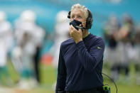 Seattle Seahawks head coach Pete Carroll looks up during the first half of an NFL football game against the Miami Dolphins, Sunday, Oct. 4, 2020, in Miami Gardens, Fla. (AP Photo/Wilfredo Lee)