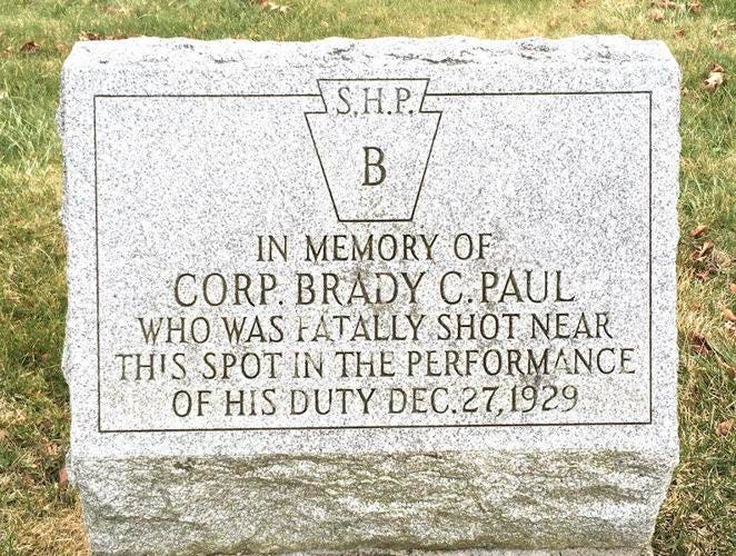 The monument to state police Cpl. Brady Paul in Shenango Township, where he was killed in 1929.