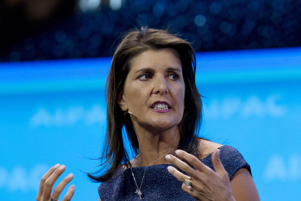 FILE - In this March 25, 2019, file photo, former Ambassador to the U.N. Nikki Haley, speaks at the 2019 American Israel Public Affairs Committee (AIPAC) policy conference in Washington. With the launch of her new memoir, fHaley has fanned flames suggesting she may be gearing up for a possible presidential bid, one observers say could come as early as 2024 (AP Photo/Jose Luis Magana, File)
