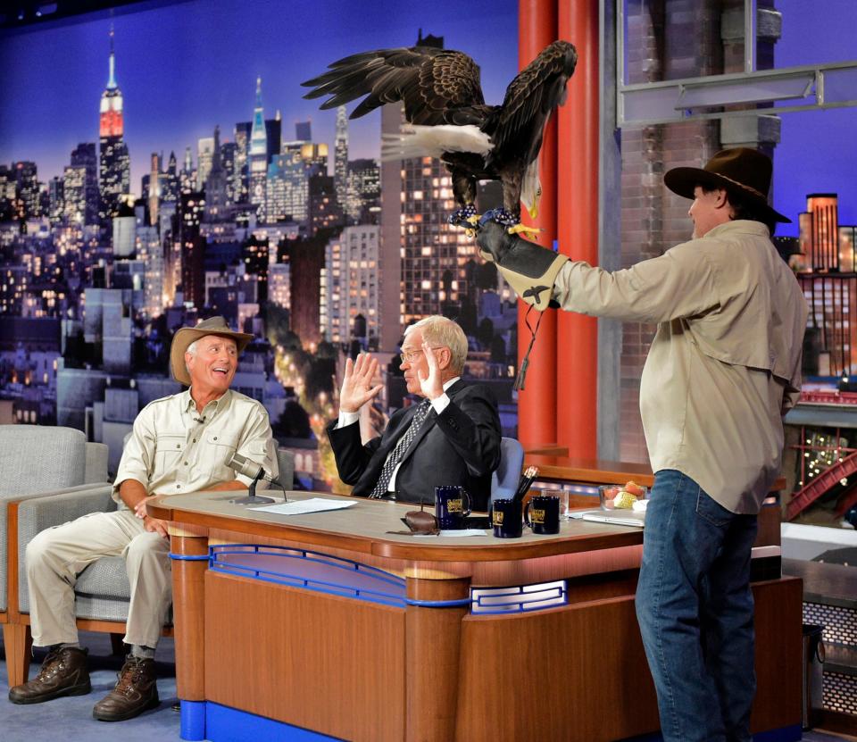 u0022Jungleu0022 Jack Hanna smiles as Late Show host David Letterman remarks about the landing eagle during a 2014 taping in New York. Hanna appeared on Dave's Late Night and Late Show more than 100 times during his career.