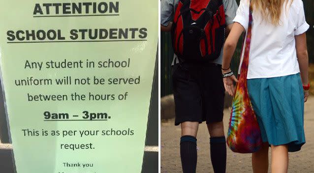 The sign (left) is meant to stop students in the area from going into the restaurant during school hours: Source: Supplied/ AAP