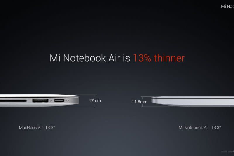 小米筆記本比蘋果MacBook Air更加輕薄。（翻攝小米推特）