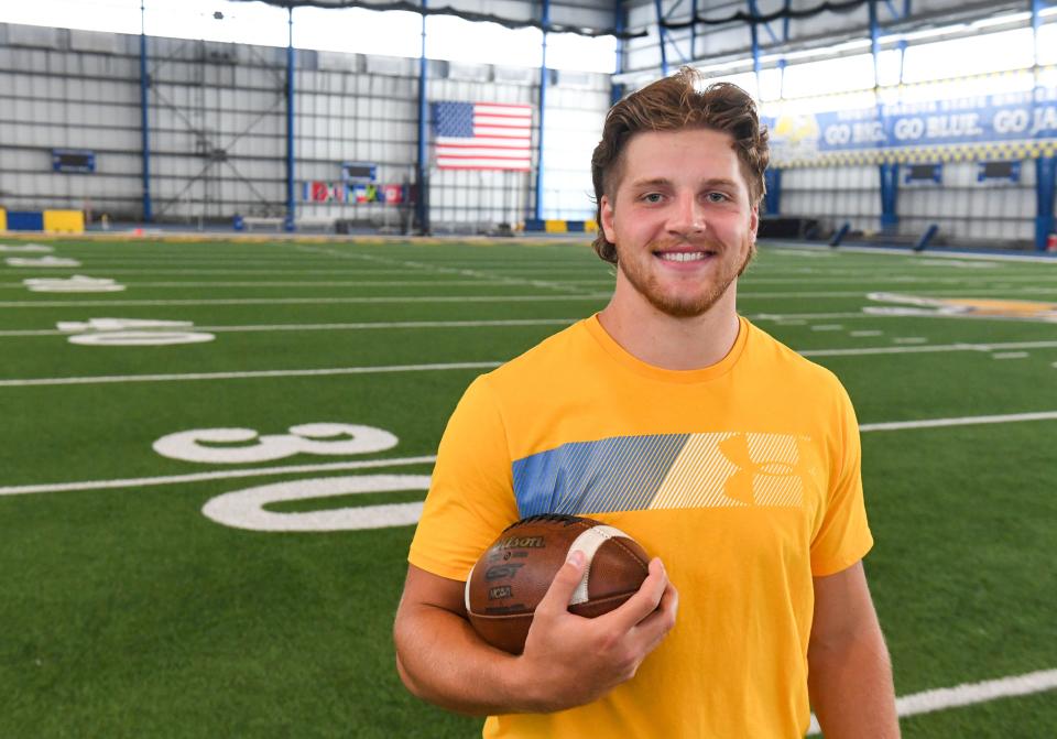 South Dakota State football player Tucker Kraft poses for a portrait on Tuesday, July 12, 2022, at the indoor field in Brookings.