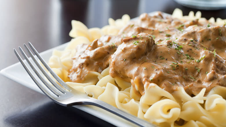 beef stroganoff with fork