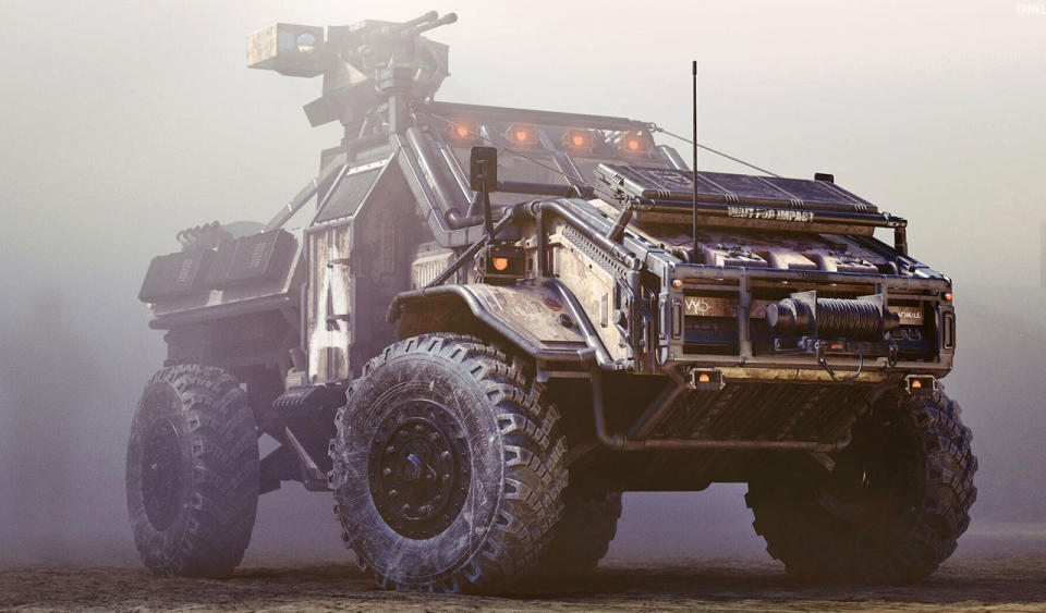 Best graphic design software: Cinema 4D screenshot featuring military vehicle