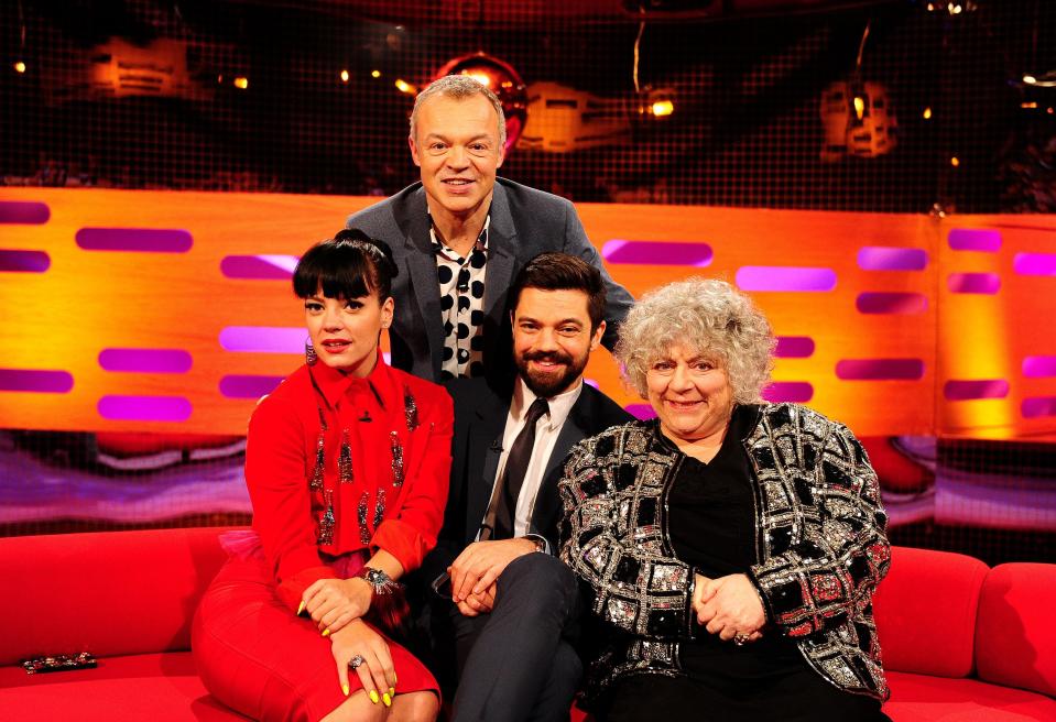 Presenter Graham Norton with Lily Allen, Dominic Cooper and Miriam Margolyes during the filming of the Graham Norton Show at the London Studios, south London, to be aired on BBC One on Friday evening.   (Photo by Ian West/PA Images via Getty Images)